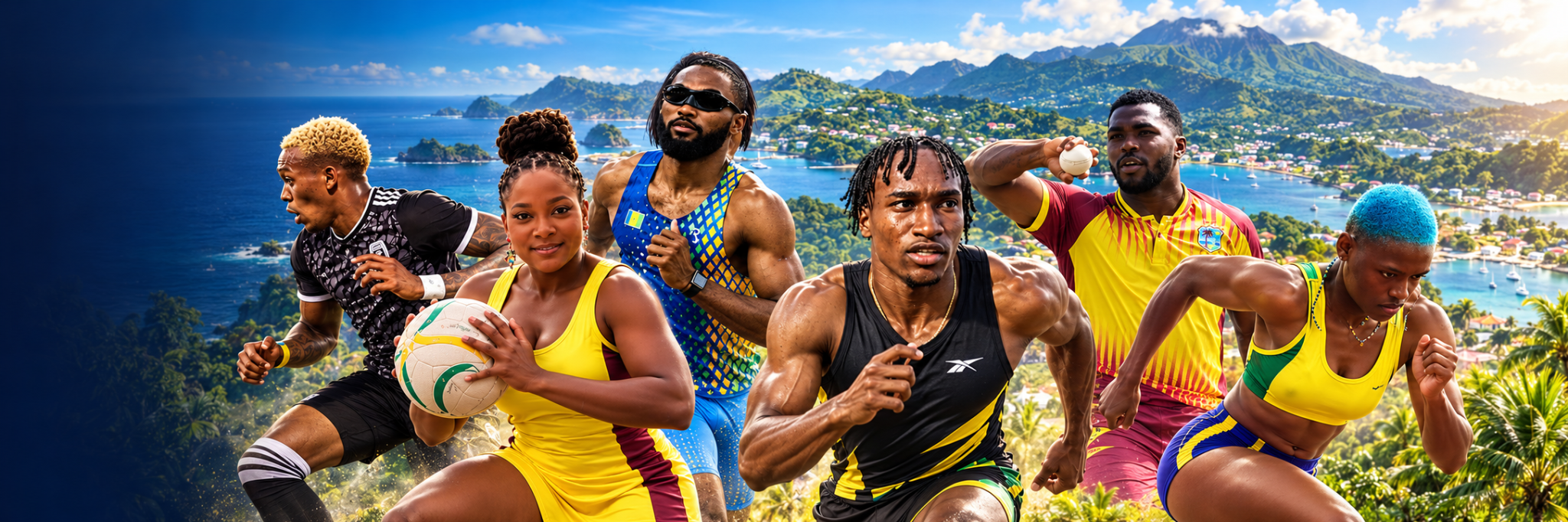 Approved multi-athlete Sports Centre banner with the Saint Vincent and the Grenadines landscape