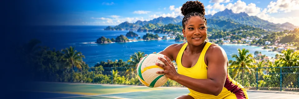 Netball athlete holding a ball against the Saint Vincent and the Grenadines landscape
